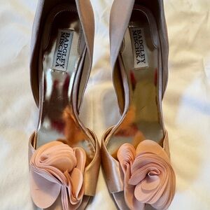 Badgley Mischka Pink Satin Heels with Floral Accent